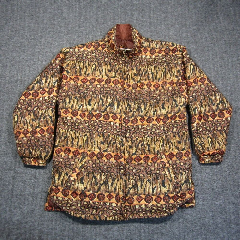 Vtg Casual Corner Silk Bomber Jacket Womens S Brown Animal Print Full Zip Safari